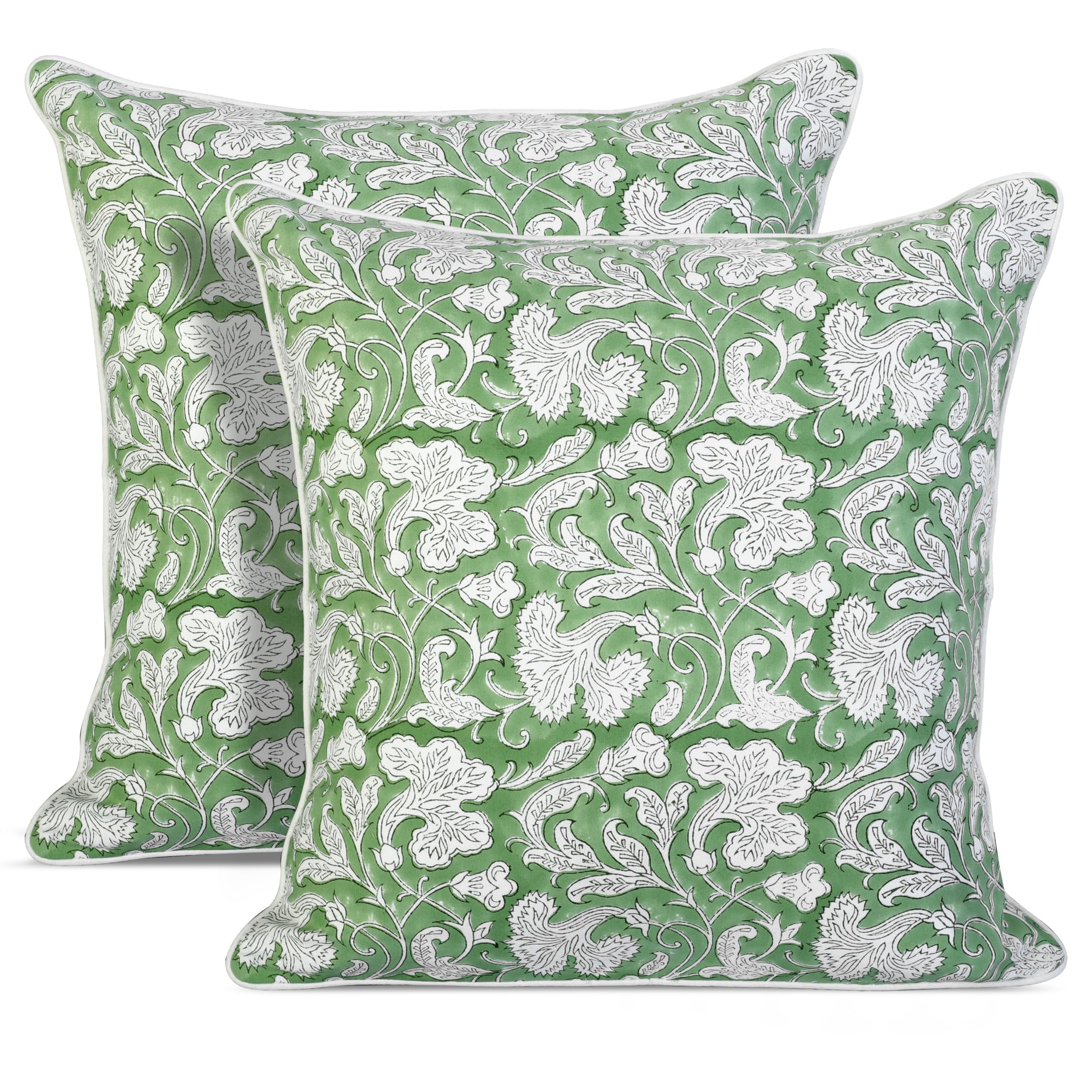 Ridhi Block Print Asparagus Green Pillow Cover 20" x 20" (Pack of 2) Decorative Couch Pillows for Living Room, Farmhouse Chic Boho Cute Outdoor Pillows Covers Gifts for Spring, Mother's Day