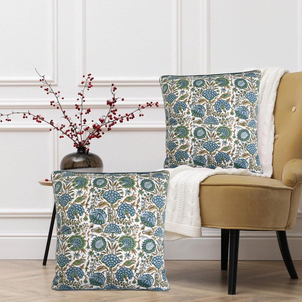 Ridhi Block Print Asparagus Green Pillow Cover 20" x 20" (Pack of 2) Decorative Couch Pillows for Living Room, Farmhouse Chic Boho Cute Outdoor Pillows Covers Gifts for Spring, Mother's Day