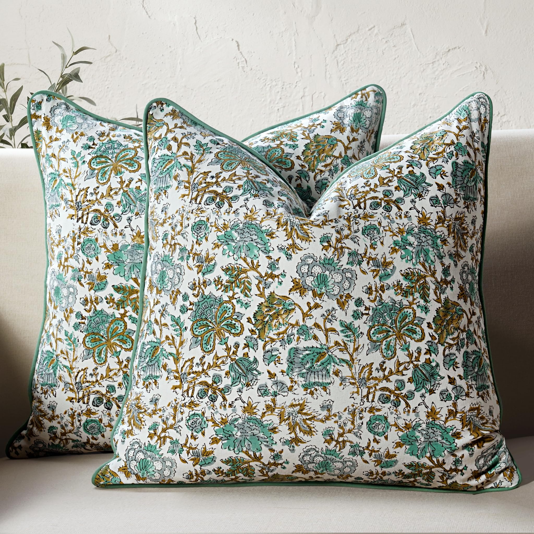 CPC 100% Cotton Throw Pillow Covers 20x20 Inch, Set of 2 Green Block Print Pattern Couch Pillow, Cute Boho Decorative Pillows for Living Room, Bedroom with Hidden Zipper- Royal Blue