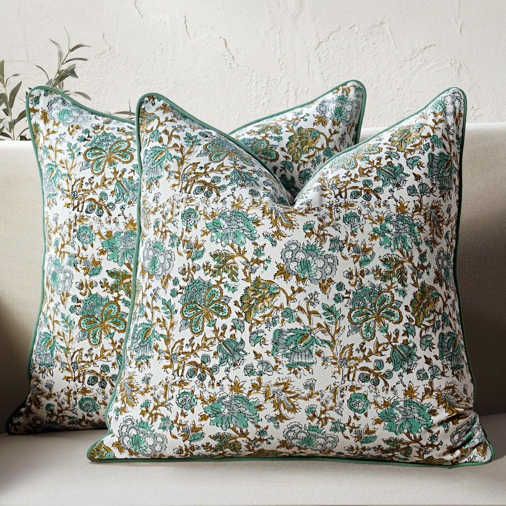 CPC 100% Cotton Throw Pillow Covers 20x20 Inch, Set of 2 Green Block Print Pattern Couch Pillow, Cute Boho Decorative Pillows for Living Room, Bedroom with Hidden Zipper- Agate Green