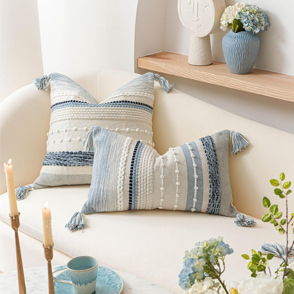 BlissBlush Coastal Blue Boho Decorative Throw Pillow Cover 22x22 Modern Bohemian Accent Pillow Case Square Woven Textured Farmhouse Pillows for Couch Bed (Pack of 1)