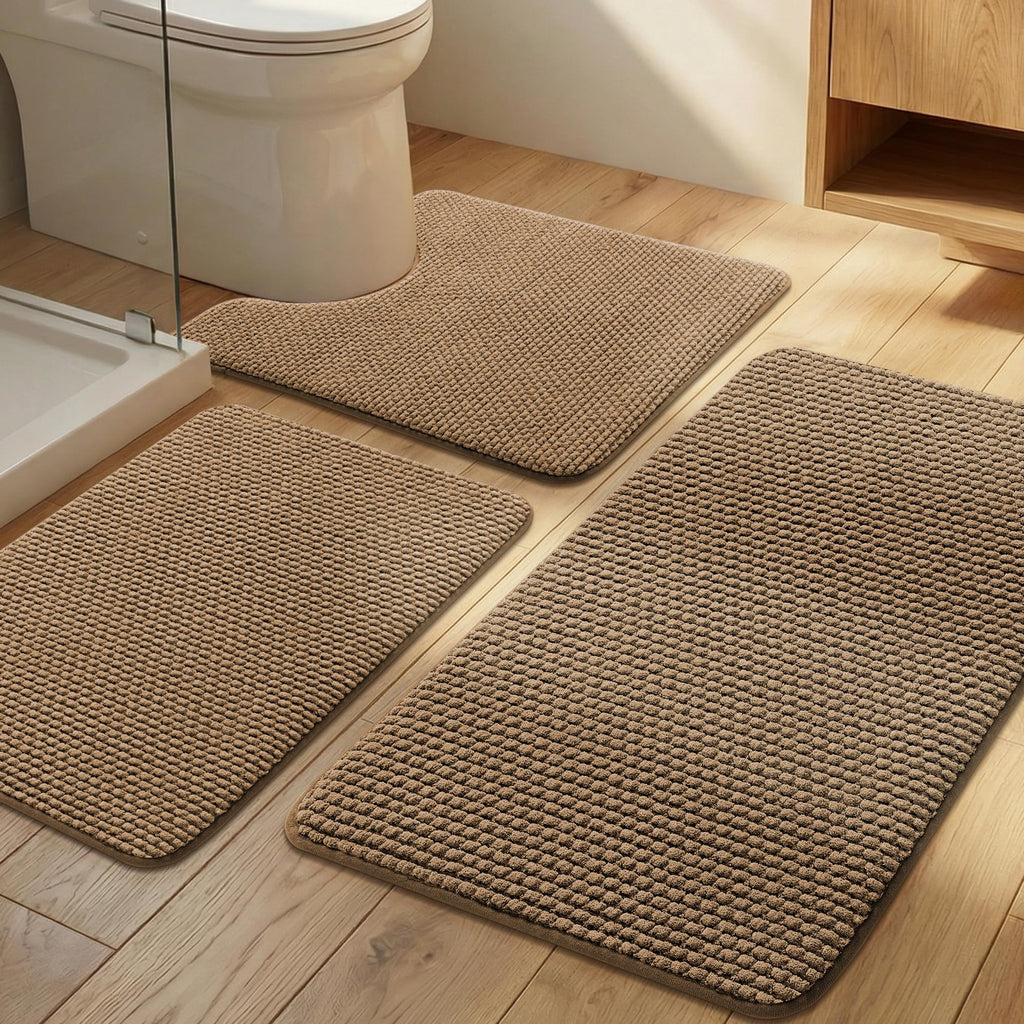 YIHOUSE Bathroom Rugs Set 5 Piece, Extra Soft Absorbent Chenille Bath Mats & U-Shaped Contour Toilet Rug, Non Slip Machine Washable Bath Mat for Shower Tub Sink, Beige