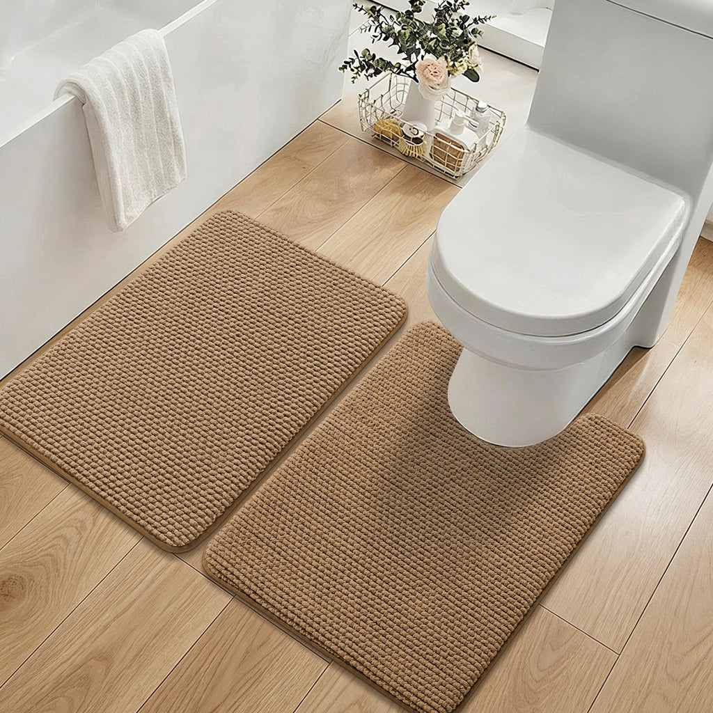 YIHOUSE Bathroom Rugs Set 5 Piece, Extra Soft Absorbent Chenille Bath Mats & U-Shaped Contour Toilet Rug, Non Slip Machine Washable Bath Mat for Shower Tub Sink, Beige