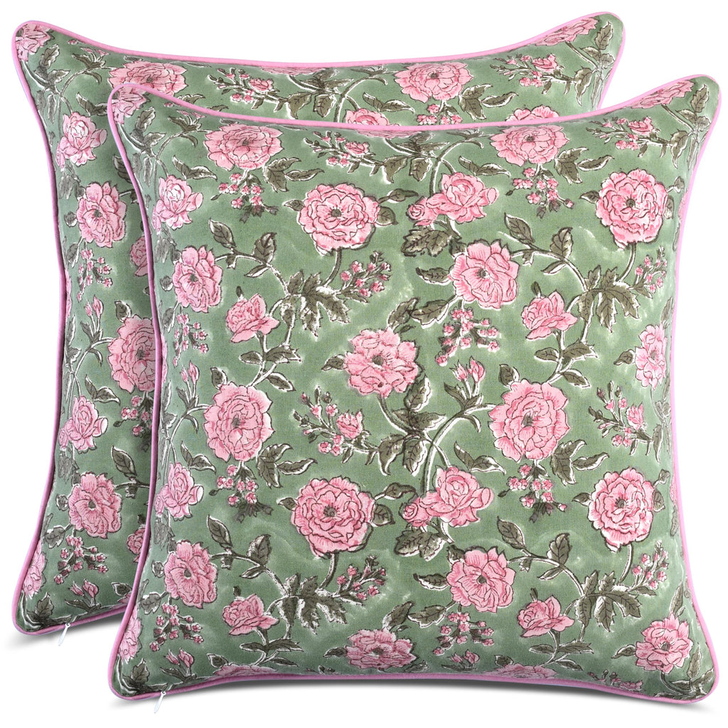 CPC 100% Cotton Throw Pillow Covers 20x20 Inch, Set of 2 Green Block Print Pattern Couch Pillow, Cute Boho Decorative Pillows for Living Room, Bedroom with Hidden Zipper- Agate Green