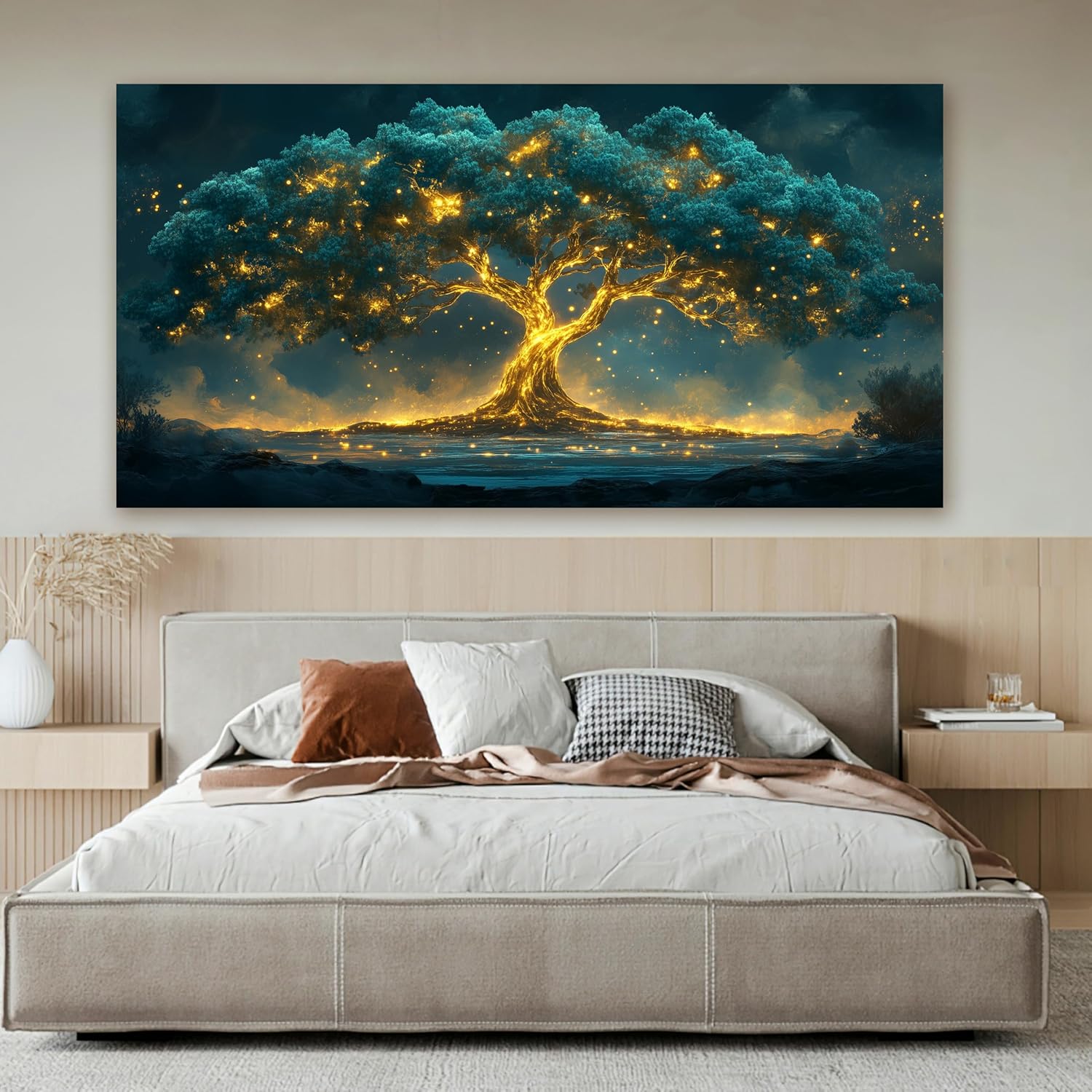 29"X58" Tree of Life Canvas Print, Green Gold Artwork for Home Wall Decoration