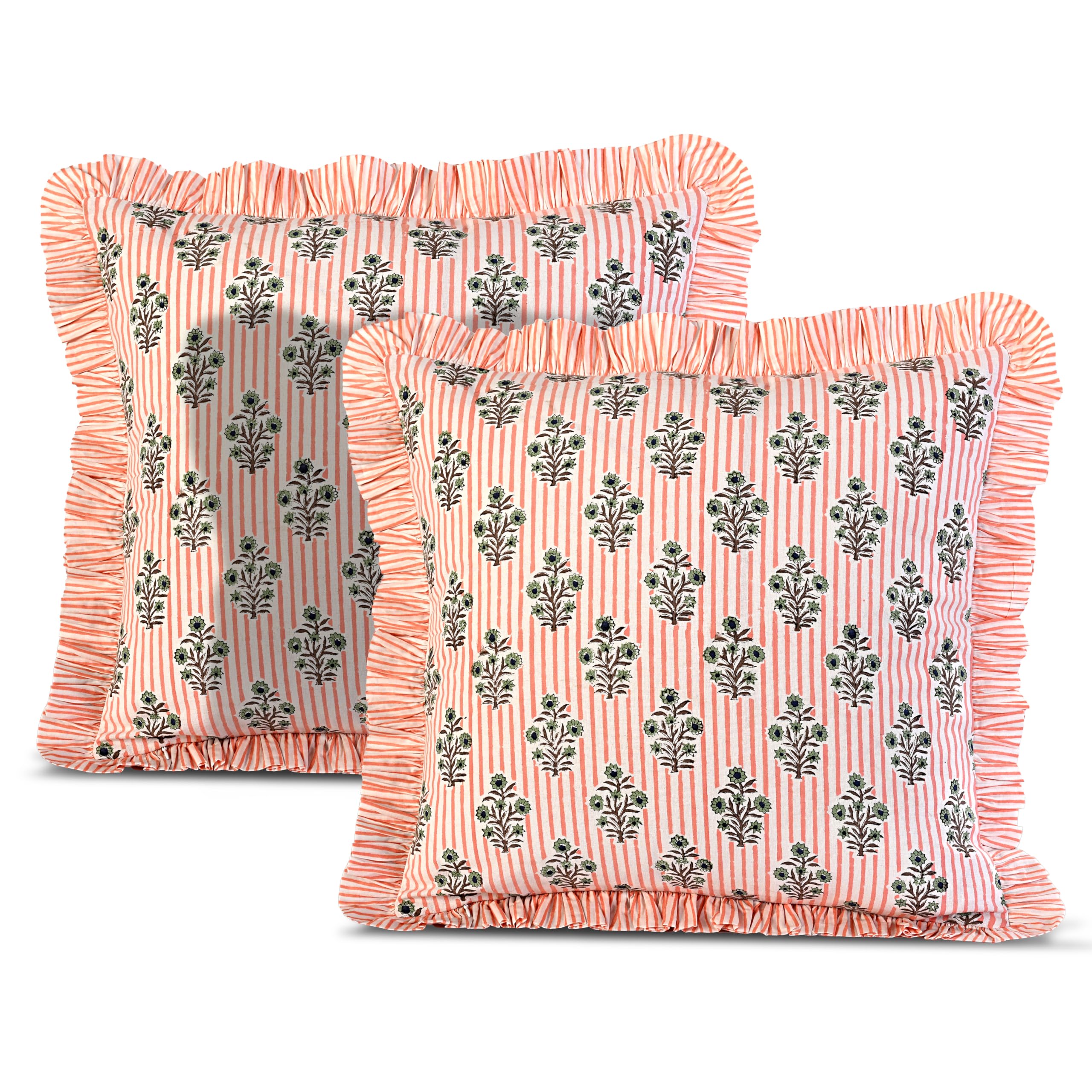 Ridhi Block Print Light Steel Blue Throw Pillow Cover 18" x 18" (Pack of 2) Decorative Cushion Covers with Ruffle for Couch, Sofa, Bed, Living Room, Home Decor Gift for Spring, Easter, Valentine