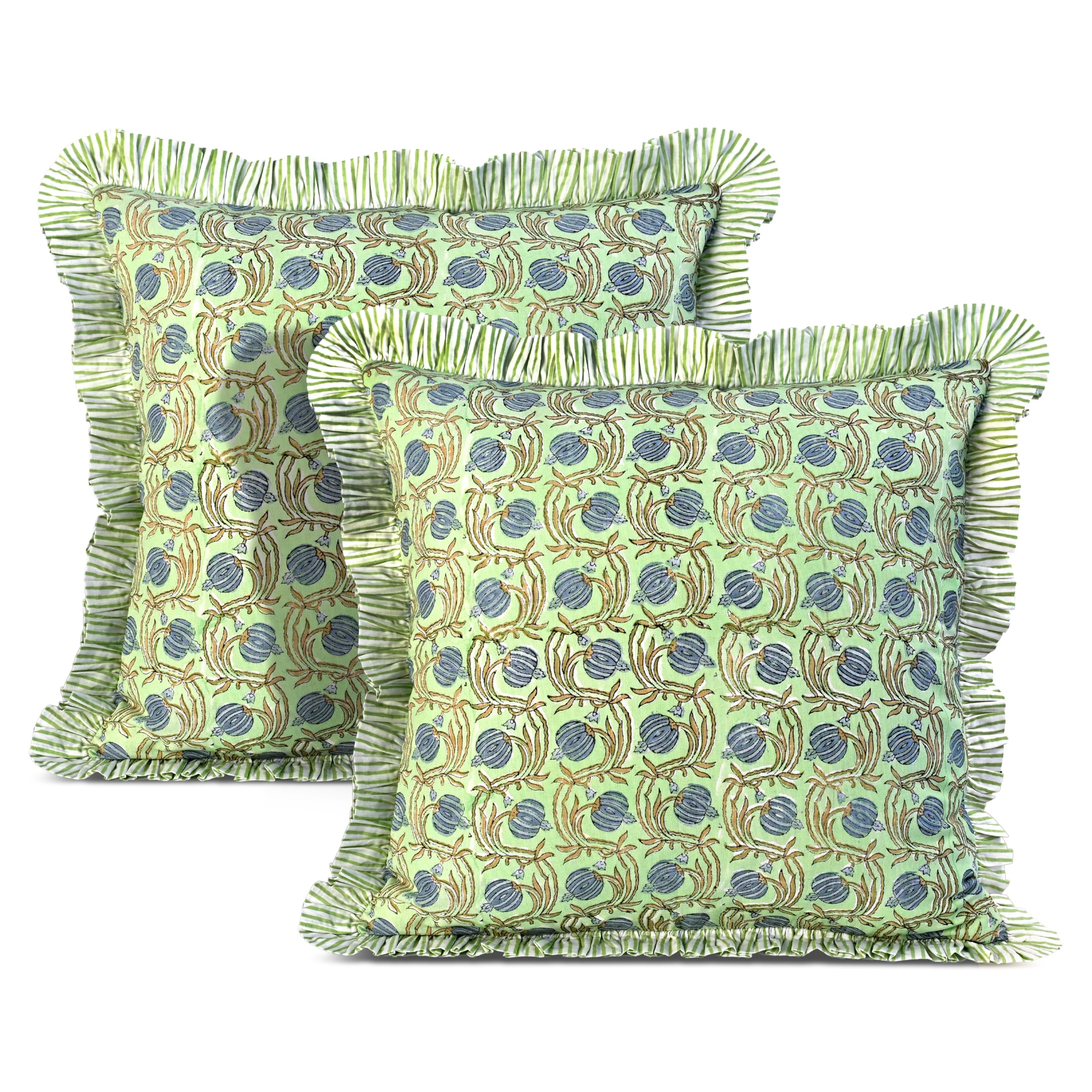 Ridhi Block Print Light Steel Blue Throw Pillow Cover 18" x 18" (Pack of 2) Decorative Cushion Covers with Ruffle for Couch, Sofa, Bed, Living Room, Home Decor Gift for Spring, Easter, Valentine