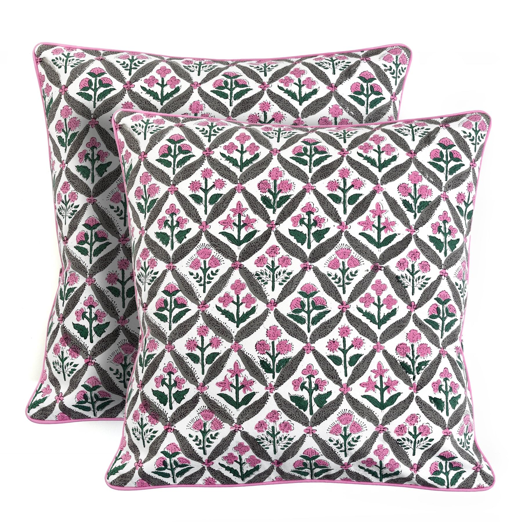 Ridhi Block Print Asparagus Green Pillow Cover 20" x 20" (Pack of 2) Decorative Couch Pillows for Living Room, Farmhouse Chic Boho Cute Outdoor Pillows Covers Gifts for Spring, Mother's Day