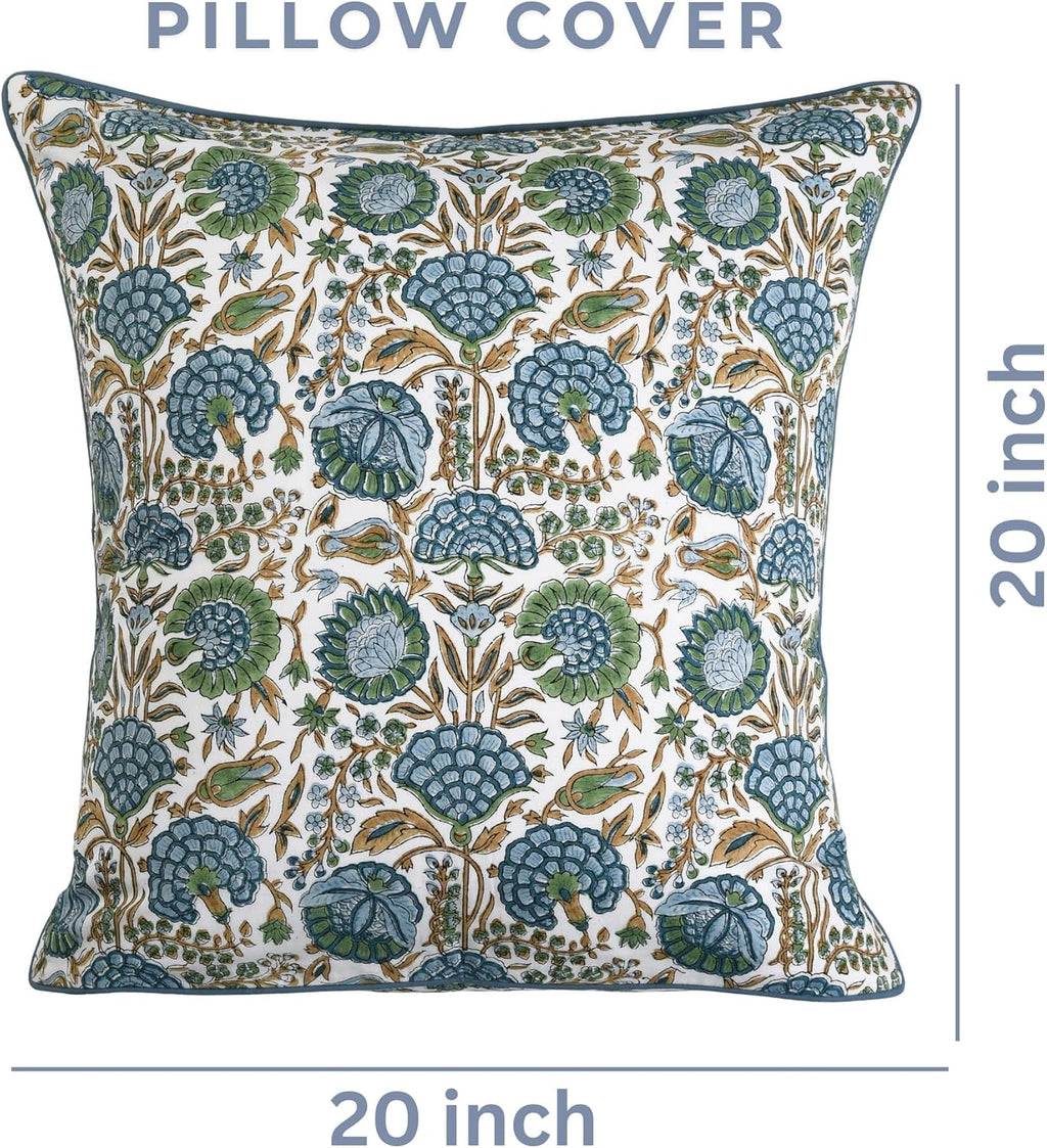 Ridhi Block Print Asparagus Green Pillow Cover 20" x 20" (Pack of 2) Decorative Couch Pillows for Living Room, Farmhouse Chic Boho Cute Outdoor Pillows Covers Gifts for Spring, Mother's Day