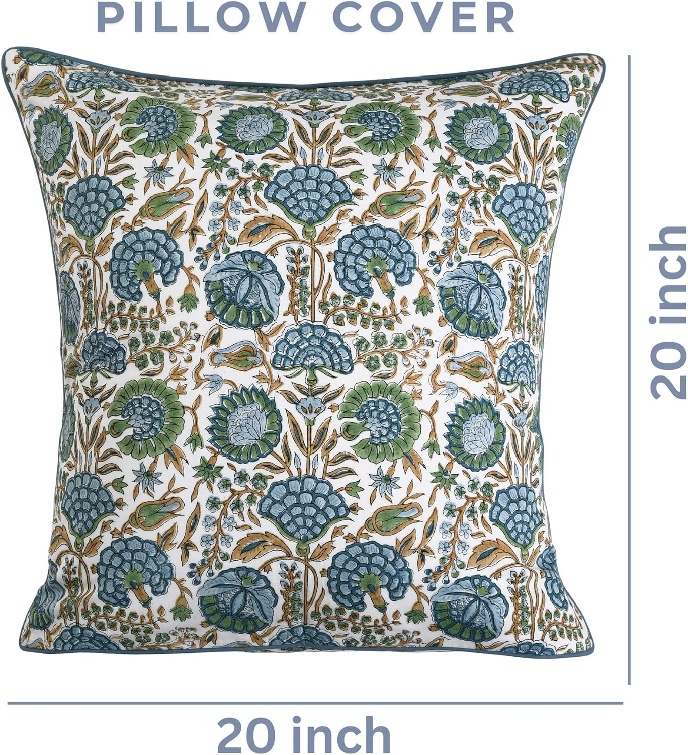 Ridhi Block Print Asparagus Green Pillow Cover 20" x 20" (Pack of 2) Decorative Couch Pillows for Living Room, Farmhouse Chic Boho Cute Outdoor Pillows Covers Gifts for Spring, Mother's Day