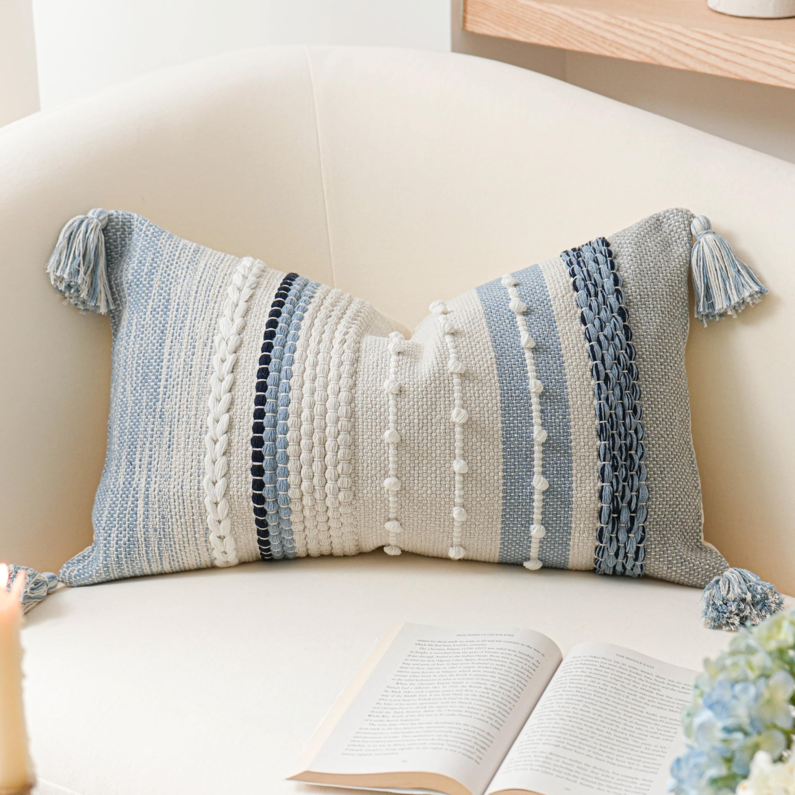 BlissBlush Coastal Blue Boho Decorative Throw Pillow Cover 22x22 Modern Bohemian Accent Pillow Case Square Woven Textured Farmhouse Pillows for Couch Bed (Pack of 1)