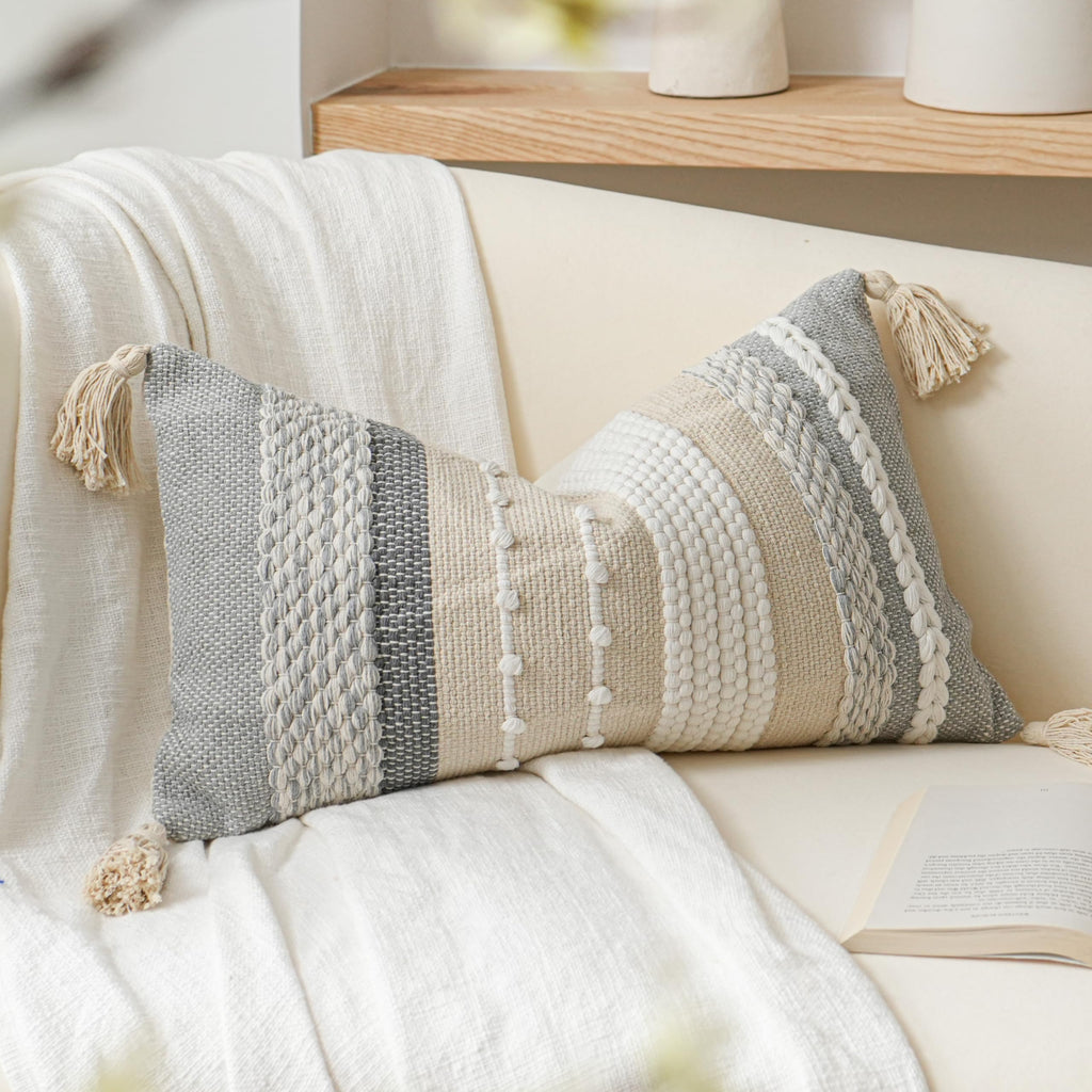BlissBlush Coastal Blue Boho Decorative Throw Pillow Cover 22x22 Modern Bohemian Accent Pillow Case Square Woven Textured Farmhouse Pillows for Couch Bed (Pack of 1)