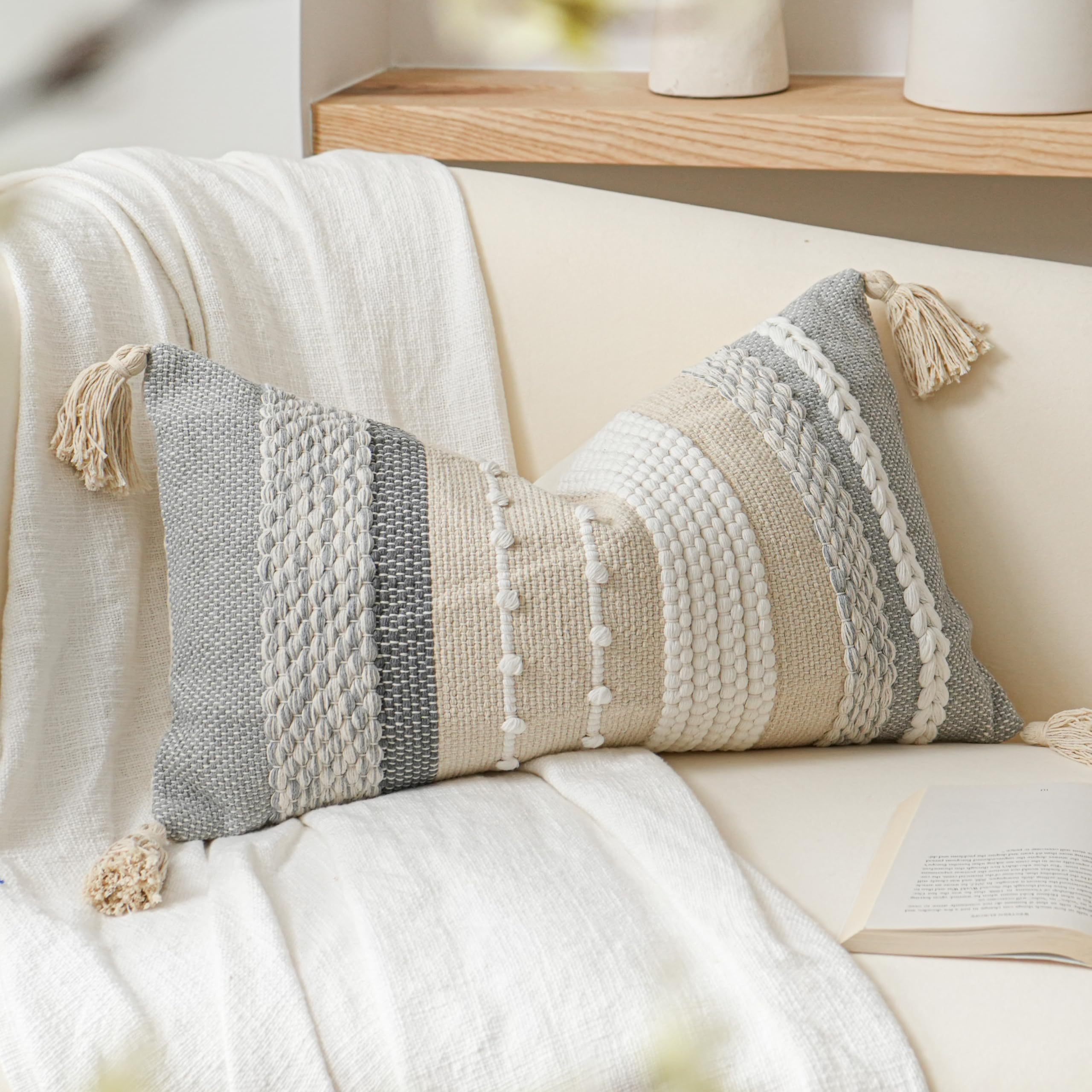 BlissBlush Coastal Blue Boho Decorative Throw Pillow Cover 22x22 Modern Bohemian Accent Pillow Case Square Woven Textured Farmhouse Pillows for Couch Bed (Pack of 1)