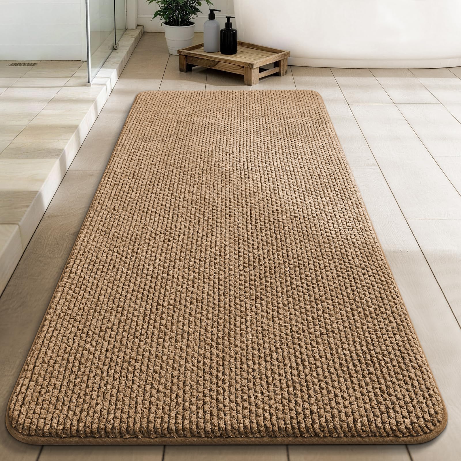YIHOUSE Bathroom Rugs Set 5 Piece, Extra Soft Absorbent Chenille Bath Mats & U-Shaped Contour Toilet Rug, Non Slip Machine Washable Bath Mat for Shower Tub Sink, Beige