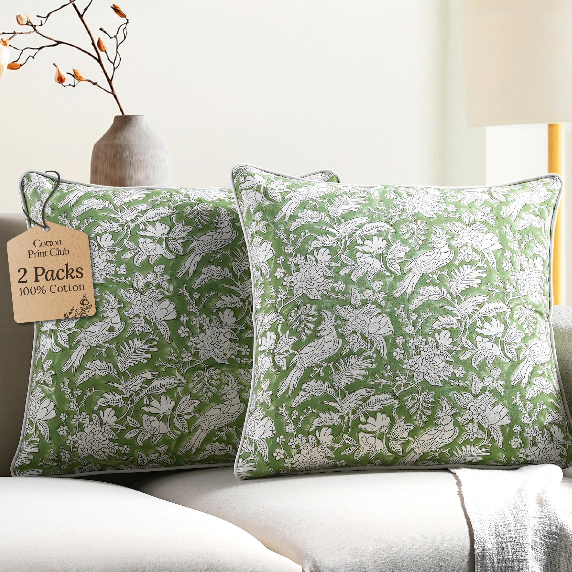 CPC 100% Cotton Throw Pillow Covers 20x20 Inch, Set of 2 Green Block Print Pattern Couch Pillow, Cute Boho Decorative Pillows for Living Room, Bedroom with Hidden Zipper- Royal Blue