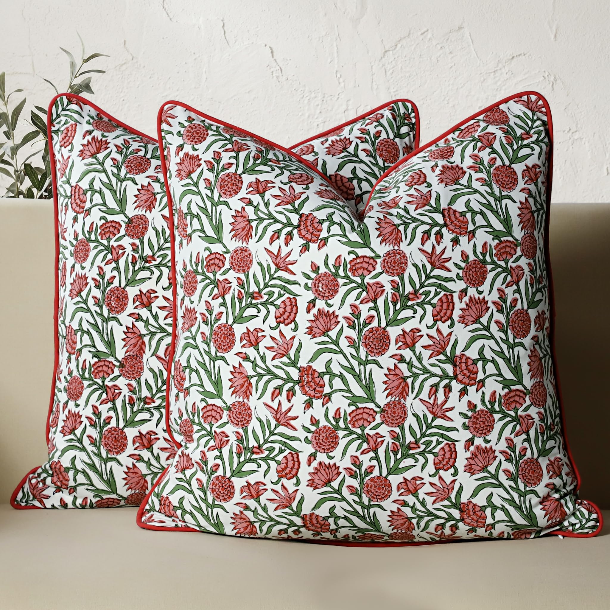 CPC 100% Cotton Throw Pillow Covers 20x20 Inch, Set of 2 Green Block Print Pattern Couch Pillow, Cute Boho Decorative Pillows for Living Room, Bedroom with Hidden Zipper- Royal Blue