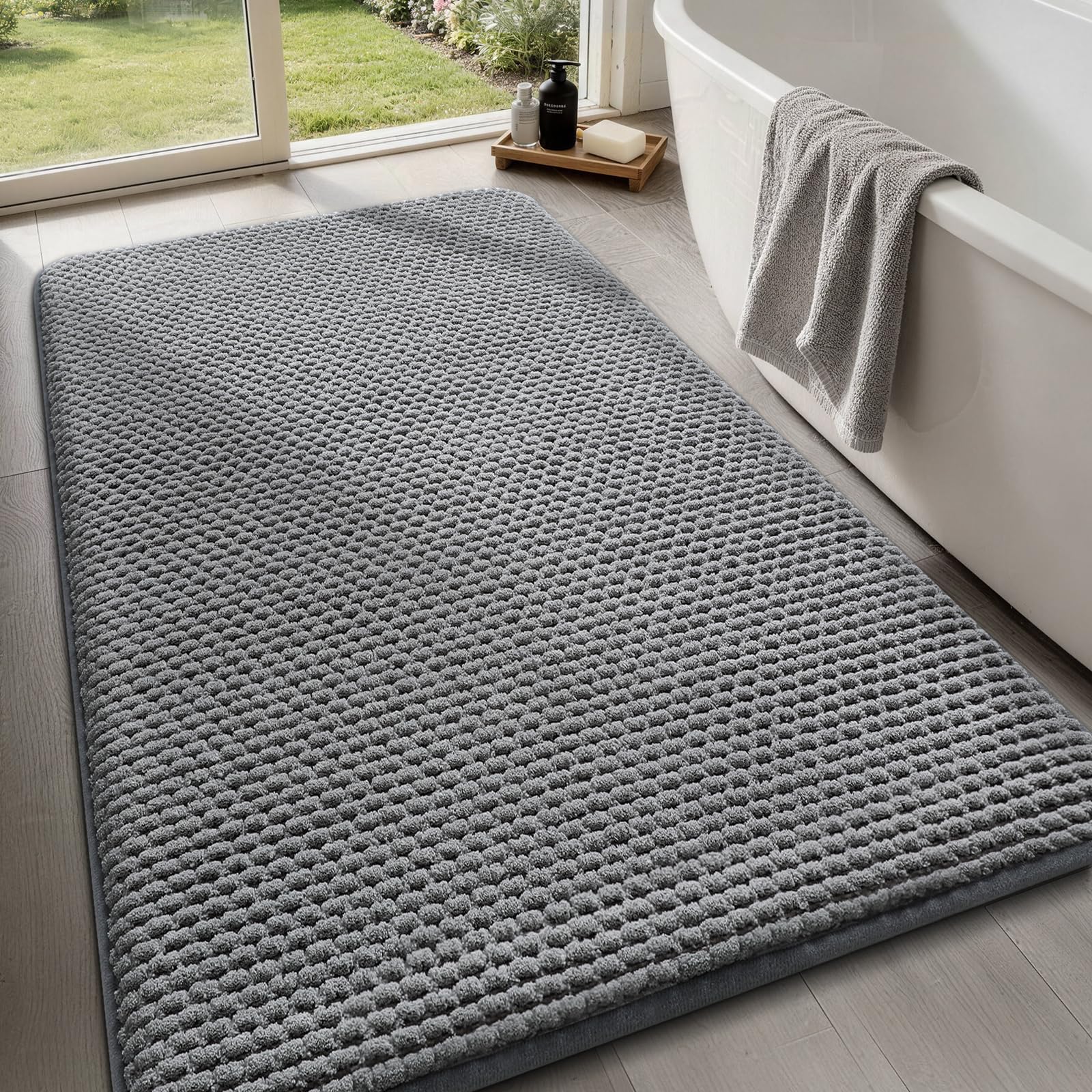 YIHOUSE Bathroom Rugs Set 5 Piece, Extra Soft Absorbent Chenille Bath Mats & U-Shaped Contour Toilet Rug, Non Slip Machine Washable Bath Mat for Shower Tub Sink, Beige