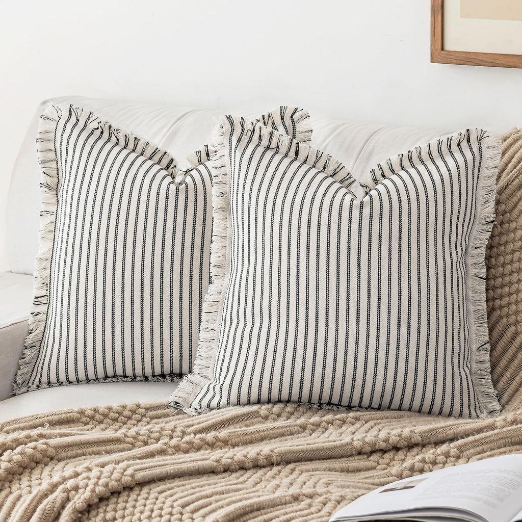 YEENAASY Throw Pillow Covers 24x24 Set of 2 Striped Fringe Pillow Cover Farmhouse Cushion Covers with Tassel Neutral Boho Pillows Decorative Square Pillowcase for Couch Sofa Bed, Khaki