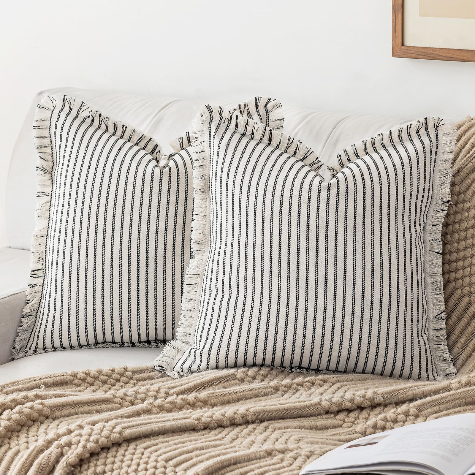 YEENAASY Throw Pillow Covers 24x24 Set of 2 Striped Fringe Pillow Cover Farmhouse Cushion Covers with Tassel Neutral Boho Pillows Decorative Square Pillowcase for Couch Sofa Bed, Khaki