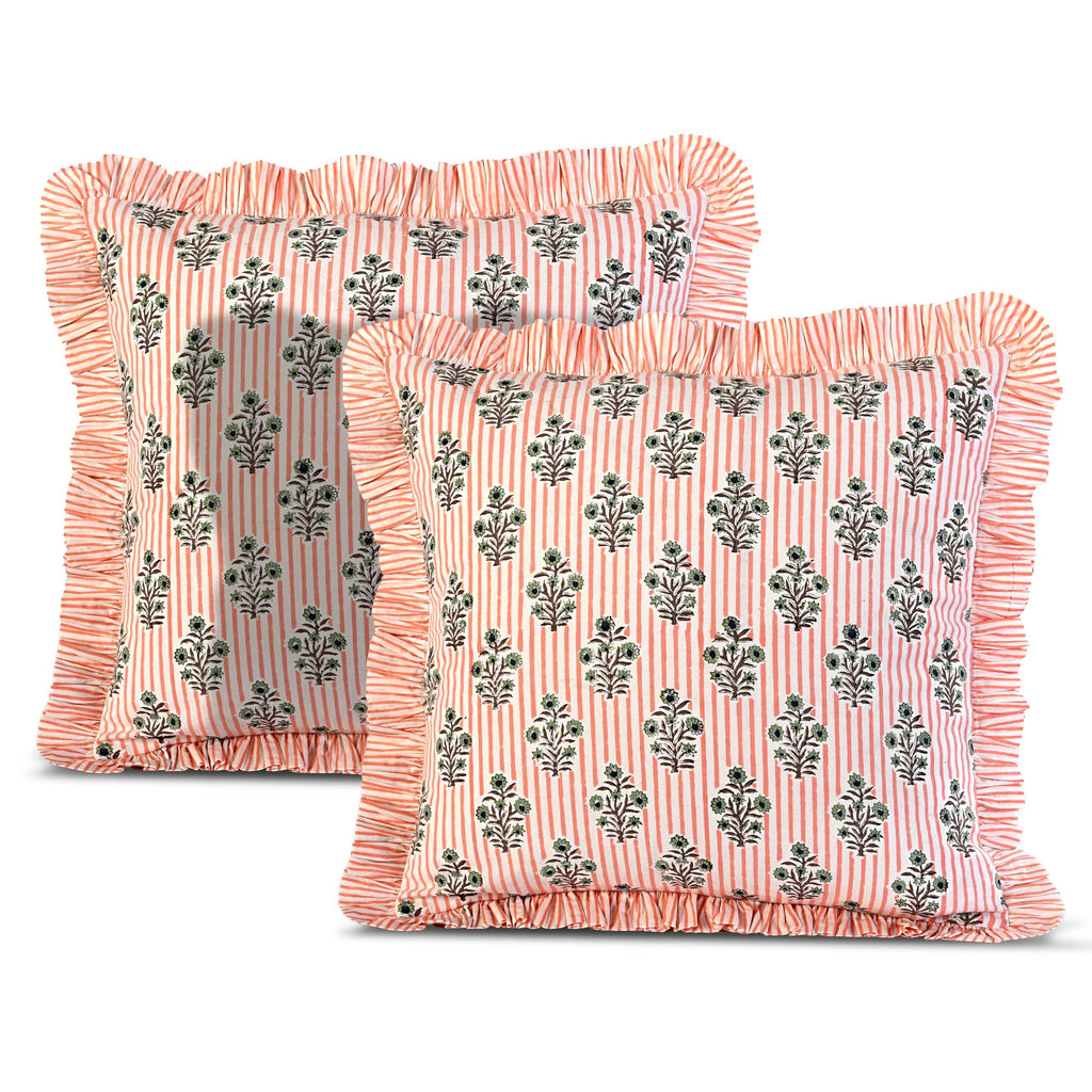 Ridhi Block Print Light Steel Blue Throw Pillow Cover 18" x 18" (Pack of 2) Decorative Cushion Covers with Ruffle for Couch, Sofa, Bed, Living Room, Home Decor Gift for Spring, Easter, Valentine