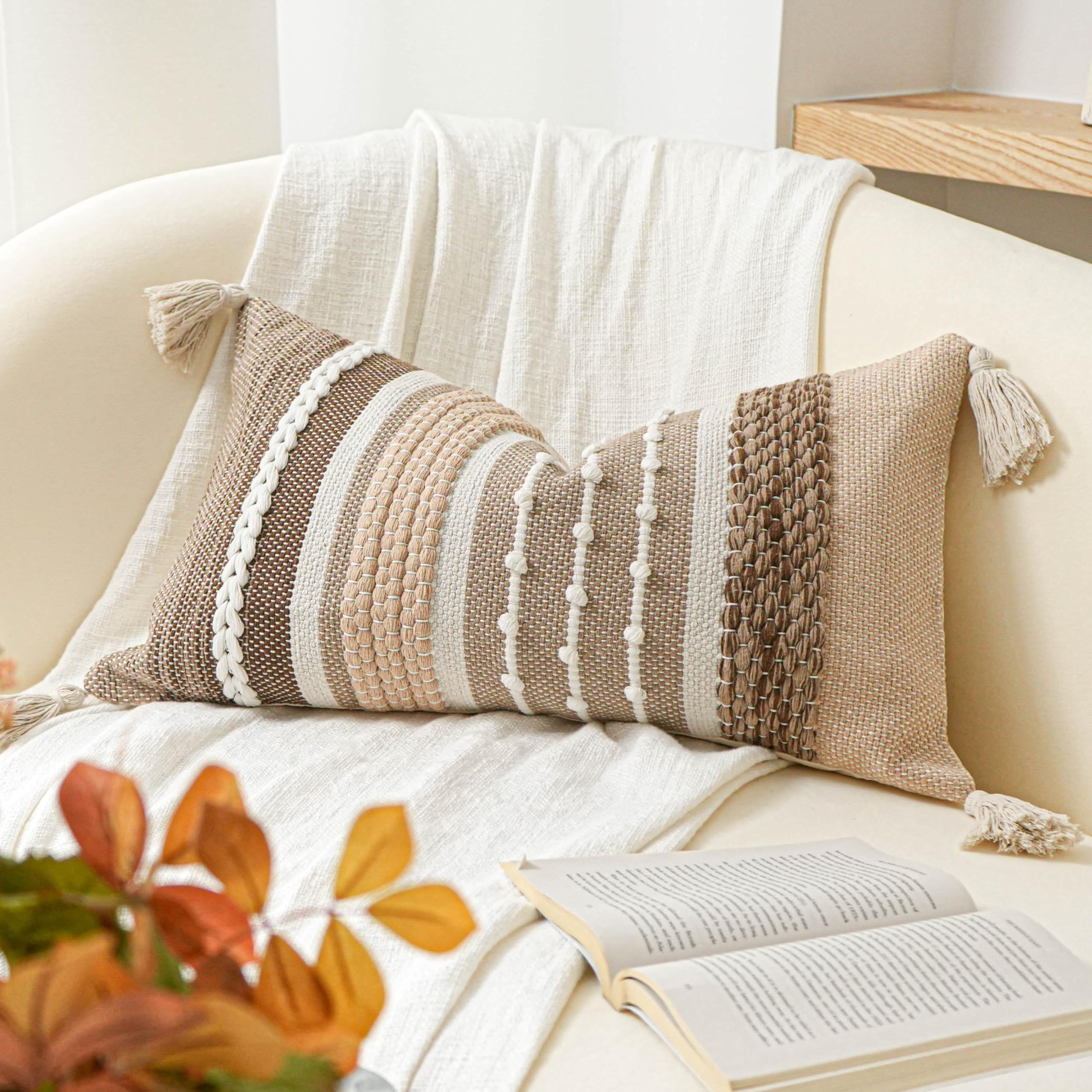 BlissBlush Coastal Blue Boho Decorative Throw Pillow Cover 22x22 Modern Bohemian Accent Pillow Case Square Woven Textured Farmhouse Pillows for Couch Bed (Pack of 1)