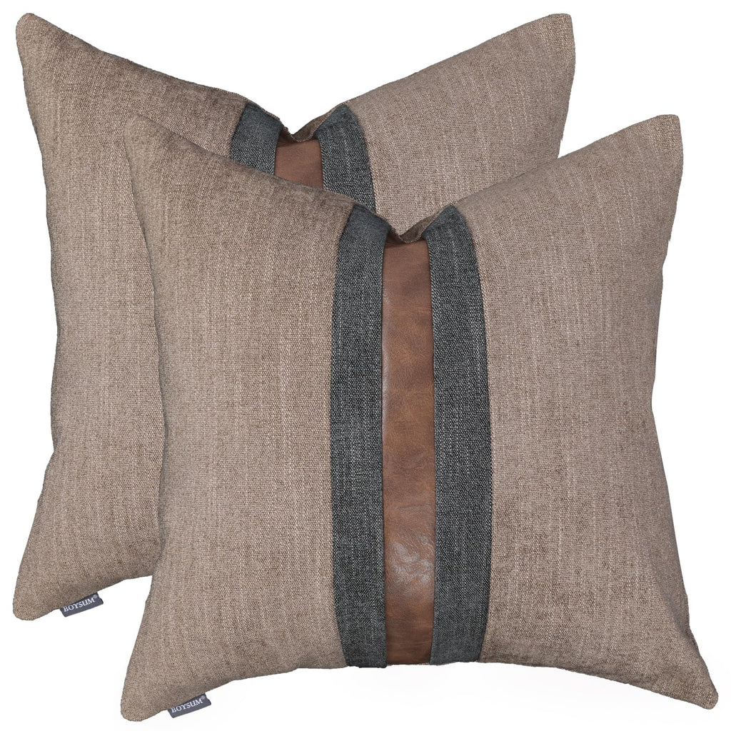 Set of 2 Leather Throw Pillow Covers Cotton Linen Decor Patchwork Pillow Cover Faux Leather Pillows Cover for Couch Sofa Living Room Bedroom,Beige 24"x24"