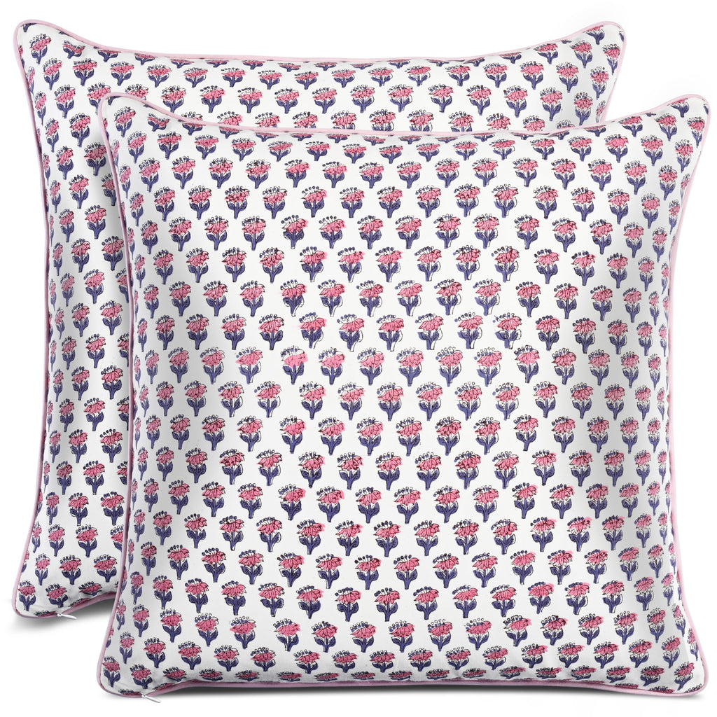 CPC 100% Cotton Throw Pillow Covers 20x20 Inch, Set of 2 Green Block Print Pattern Couch Pillow, Cute Boho Decorative Pillows for Living Room, Bedroom with Hidden Zipper- Royal Blue