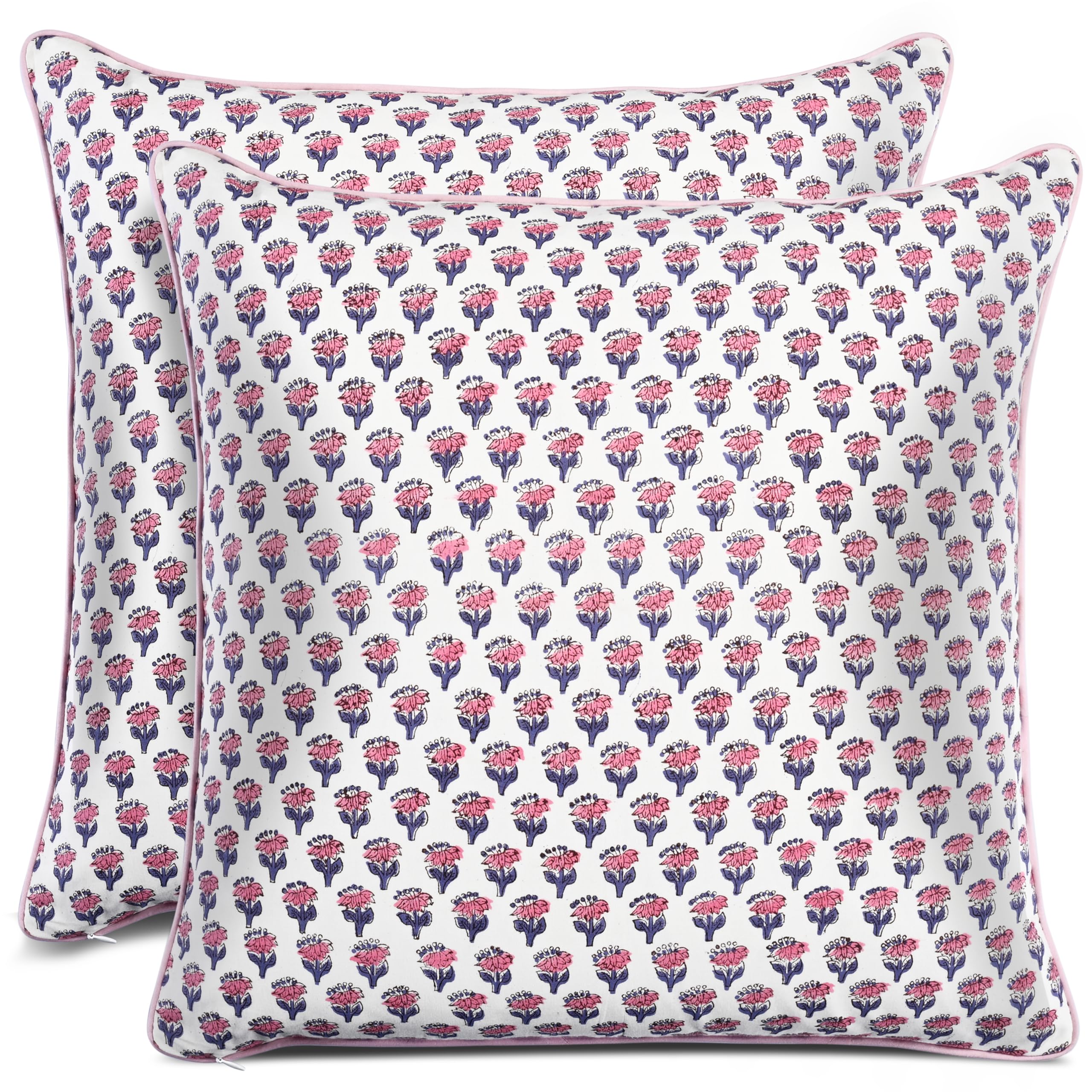 CPC 100% Cotton Throw Pillow Covers 20x20 Inch, Set of 2 Green Block Print Pattern Couch Pillow, Cute Boho Decorative Pillows for Living Room, Bedroom with Hidden Zipper- Royal Blue