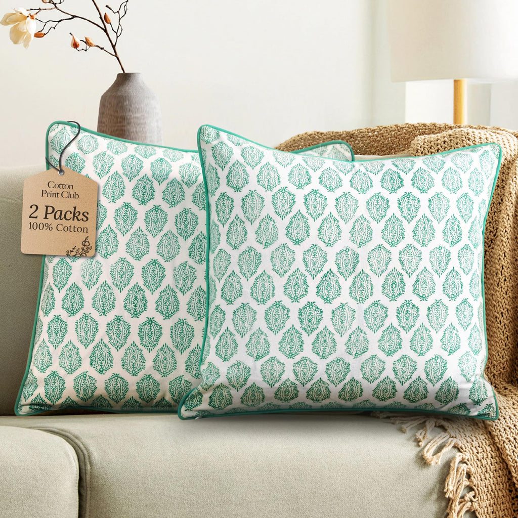 CPC 100% Cotton Throw Pillow Covers 20x20 Inch, Set of 2 Green Block Print Pattern Couch Pillow, Cute Boho Decorative Pillows for Living Room, Bedroom with Hidden Zipper- Royal Blue