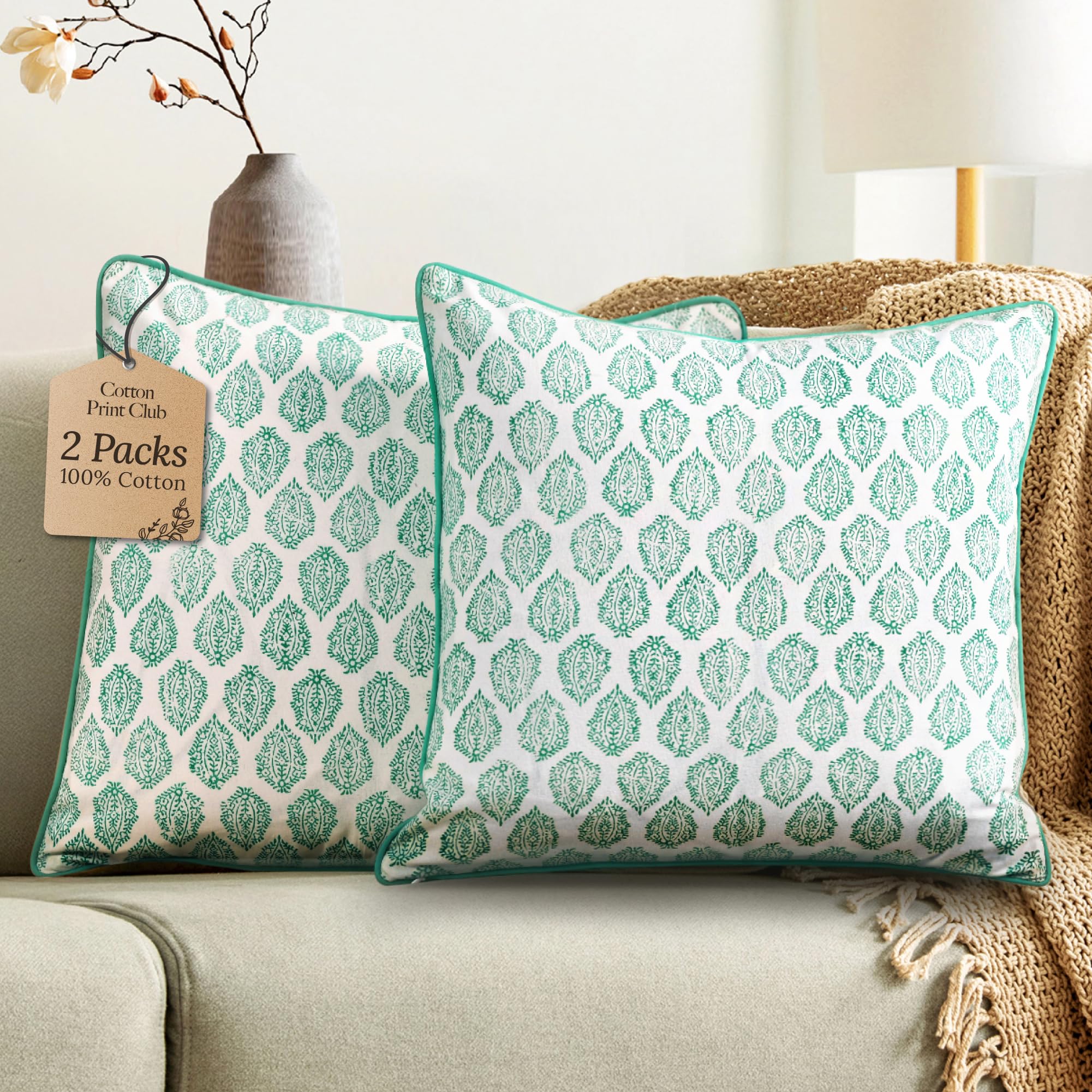 CPC 100% Cotton Throw Pillow Covers 20x20 Inch, Set of 2 Green Block Print Pattern Couch Pillow, Cute Boho Decorative Pillows for Living Room, Bedroom with Hidden Zipper- Royal Blue