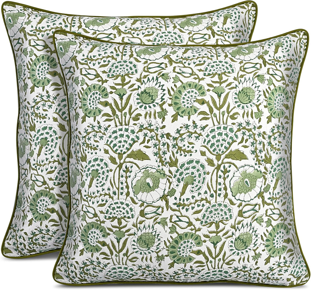 CPC 100% Cotton Throw Pillow Covers 20x20 Inch, Set of 2 Green Block Print Pattern Couch Pillow, Cute Boho Decorative Pillows for Living Room, Bedroom with Hidden Zipper- Agate Green