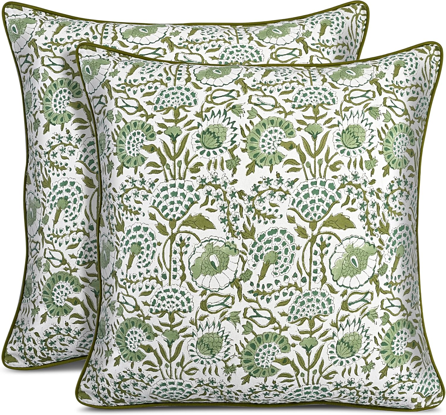 CPC 100% Cotton Throw Pillow Covers 20x20 Inch, Set of 2 Green Block Print Pattern Couch Pillow, Cute Boho Decorative Pillows for Living Room, Bedroom with Hidden Zipper- Agate Green