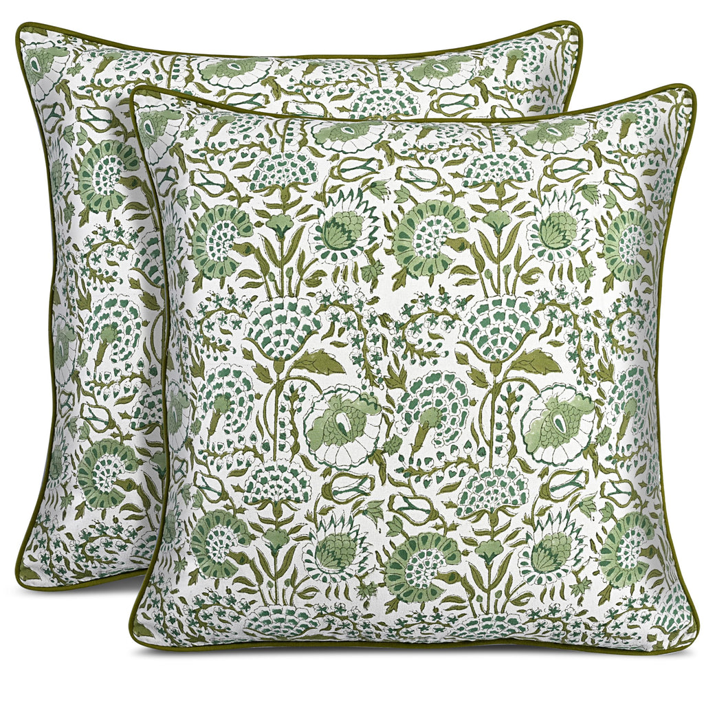 CPC 100% Cotton Throw Pillow Covers 20x20 Inch, Set of 2 Green Block Print Pattern Couch Pillow, Cute Boho Decorative Pillows for Living Room, Bedroom with Hidden Zipper- Royal Blue