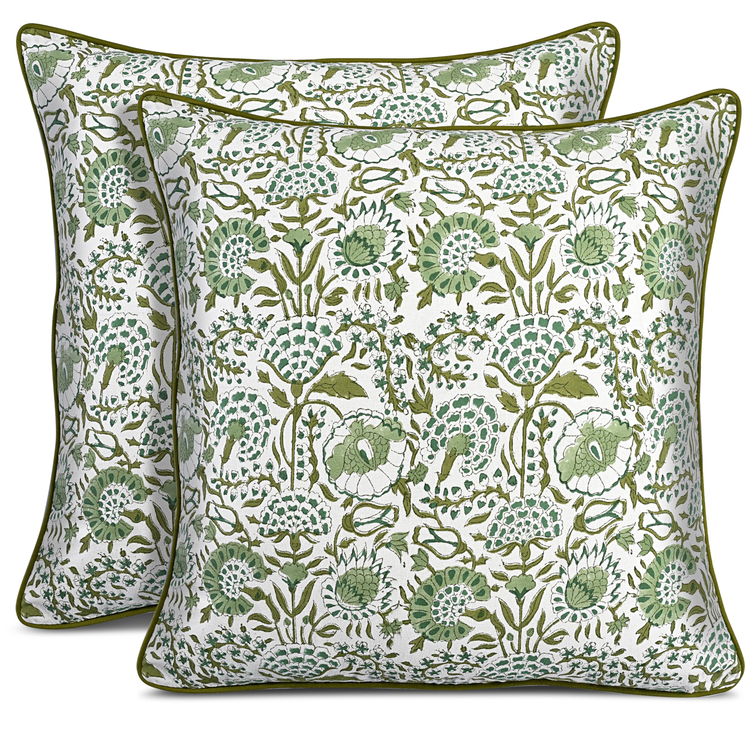 CPC 100% Cotton Throw Pillow Covers 20x20 Inch, Set of 2 Green Block Print Pattern Couch Pillow, Cute Boho Decorative Pillows for Living Room, Bedroom with Hidden Zipper- Olive Green